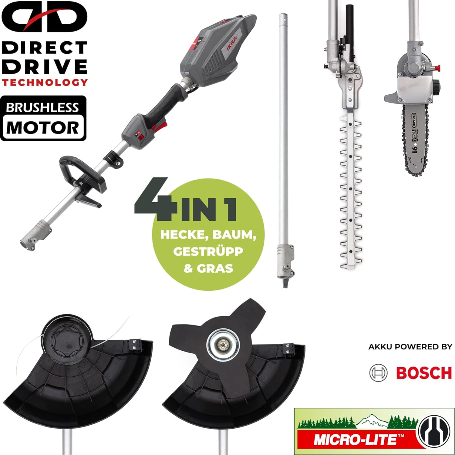 IKRA 36V Akku Multitool IB-MT 36, 4in1: Freischneider, Rasentrimmer, Heckenschere & Hochentaster, umfangreiches Zubehör inkl., kompatibel mit Bosch