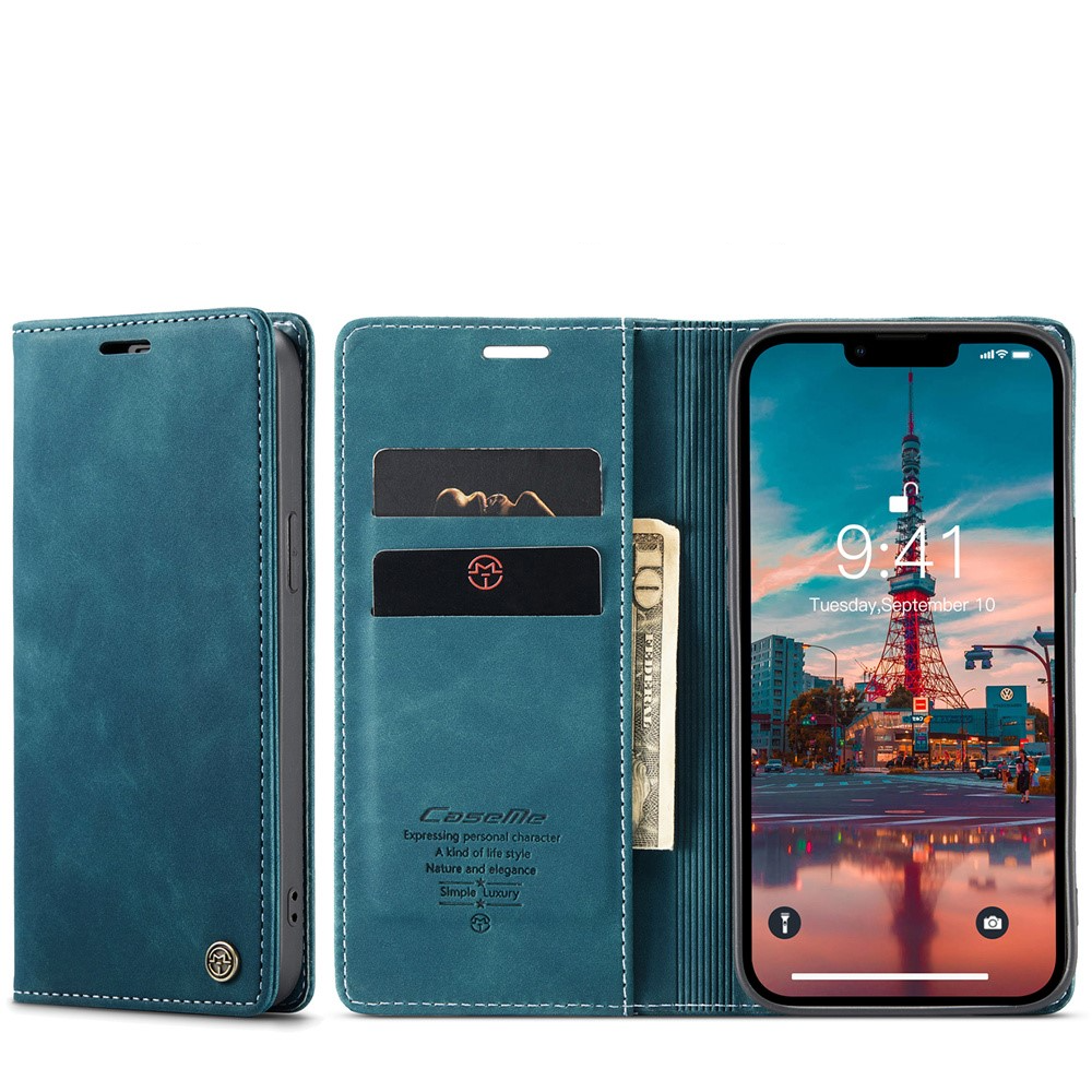iPhone 15 Leder Tasche Flip Wallet Etui mit Kartenfächern - Blaugrün