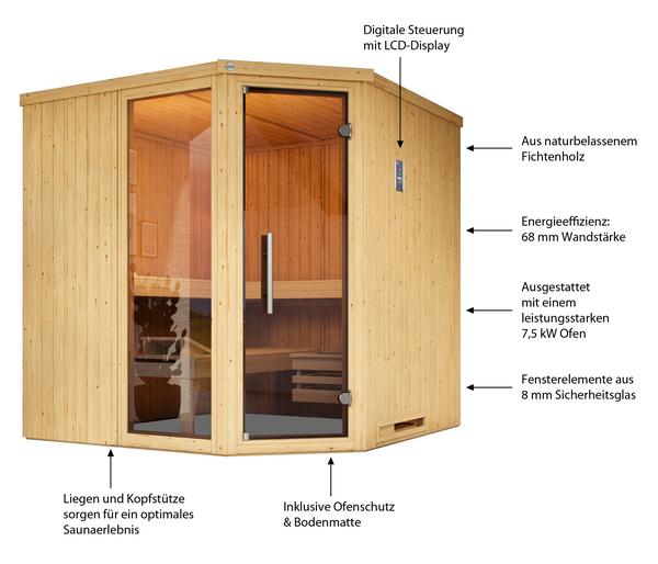 Weka Ecksauna Varberg mit Glastür und Fenster