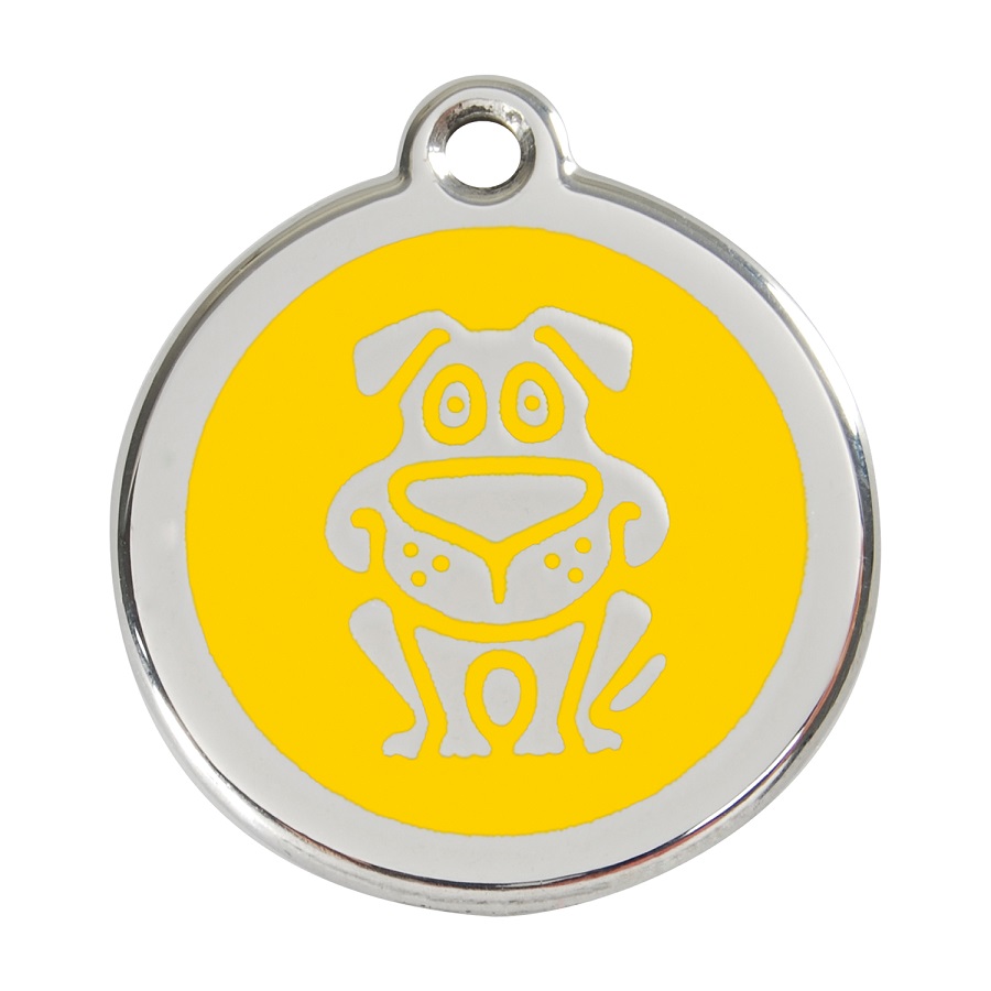 Placa de identificação para cães em aço inoxidável esmaltado, amarela.