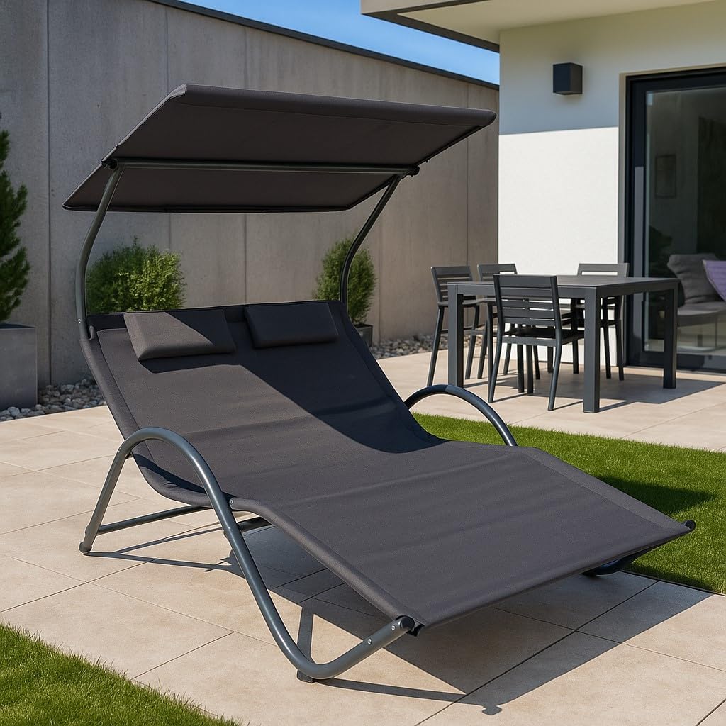 Gardissimo Doppel-Sonnenliege Style, Doppelliege mit Sonnendach und Kopfkissen, für 2 Personen Relaxliege Gartenliege anthrazit