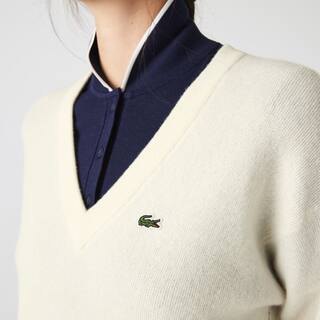 Pull femme Lacoste col en V uni en laine Pullovers - Blanc - Lacoste - Femme