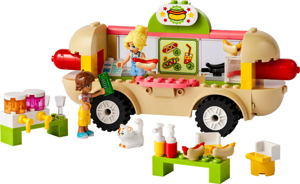 Goed om het fantasiespel te stimulerenHotdogfoodtruck Speelgoed Voertuig Set met Mini Poppetjes en Kat 42633