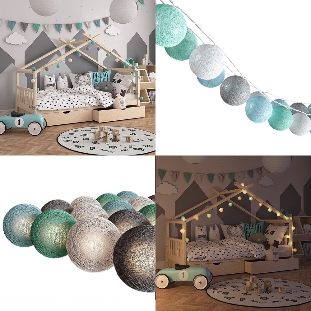 VICCO Lichterkette Cotton Balls Girlande grau weiß mint-grün hellblau 310 cm