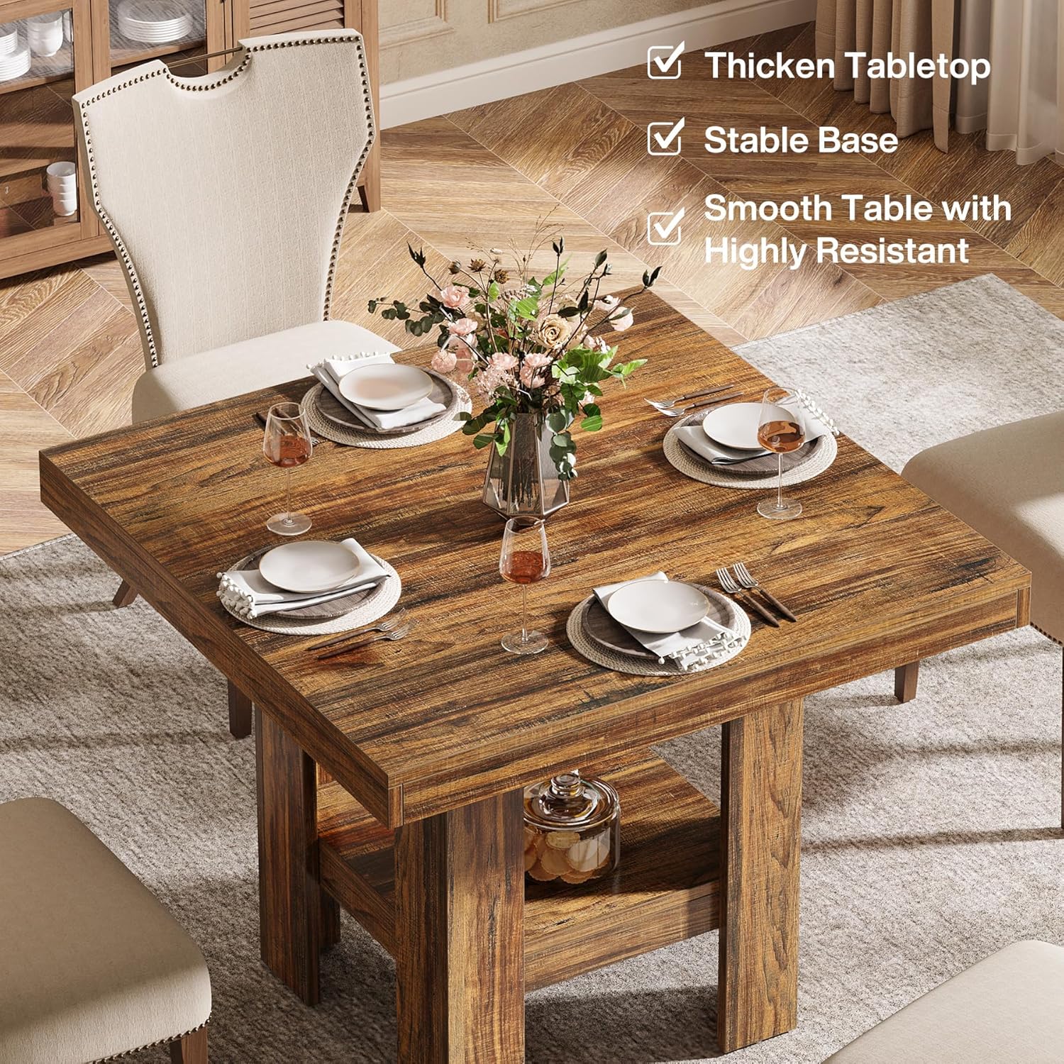 Tribesigns Quadratischer Esstisch für 2, 80 x 80 x 75 cm, Industrieller Esszimmertisch, Holz-Küchentisch für Esszimmer, Kleiner Raum, Wohnzimmer, Rustikales Braun