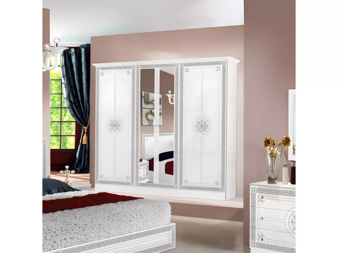 Chambre complète 160*200 Blanc/Gris - HURFA - Lit : L 165 x l 206 x H 106 cm