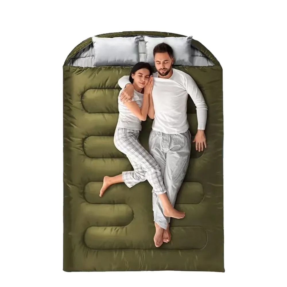 (220x140cm) 2in1 Doppel Camping Schlafsack Wärmende Outdoor Decke für 2 Personen inkl. 2 Kissen mit Aufbewahrungstasche - Grün