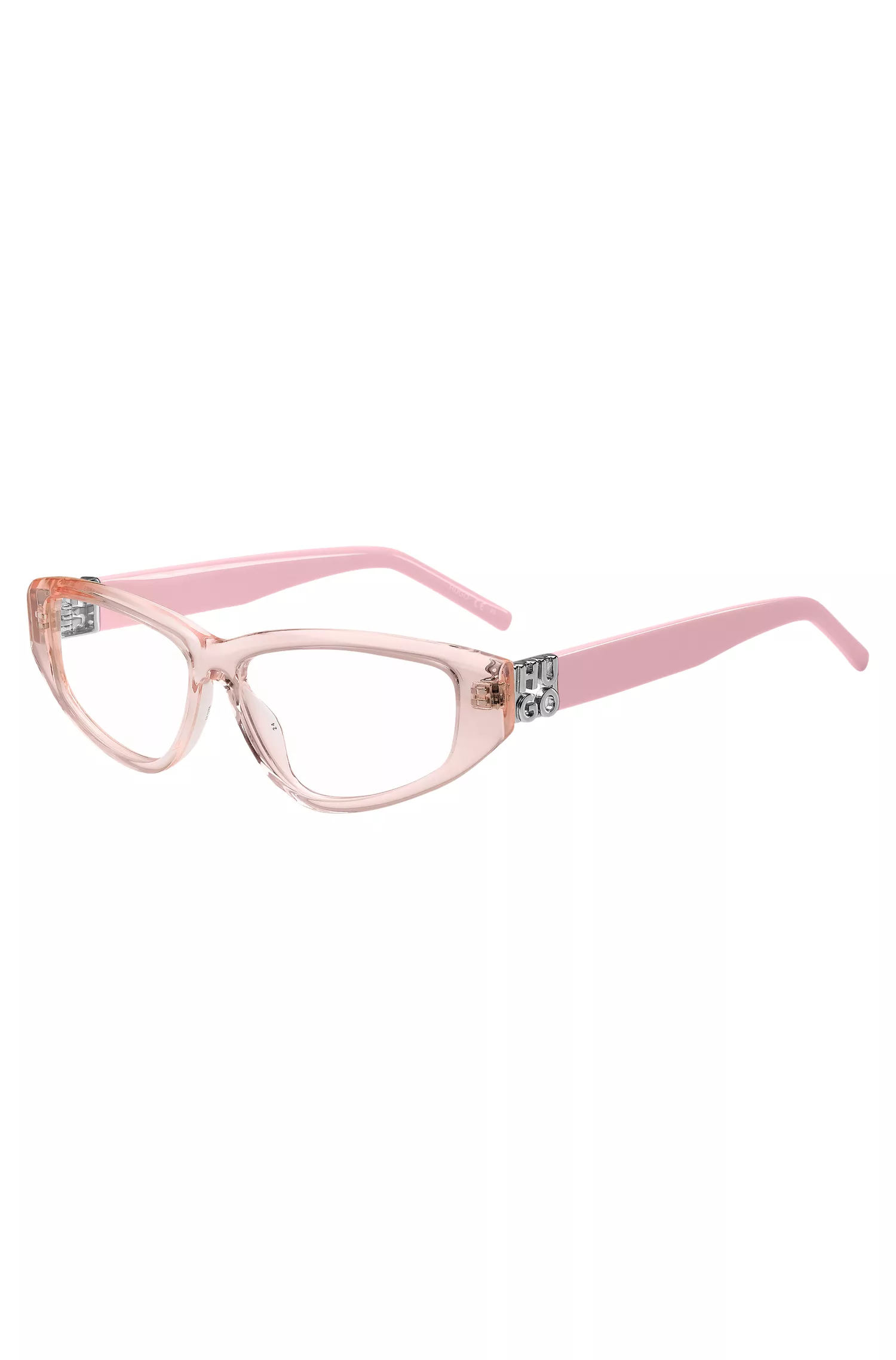 Armação de óculos HUGO em acetato vermelho e rosa com monograma 3D.