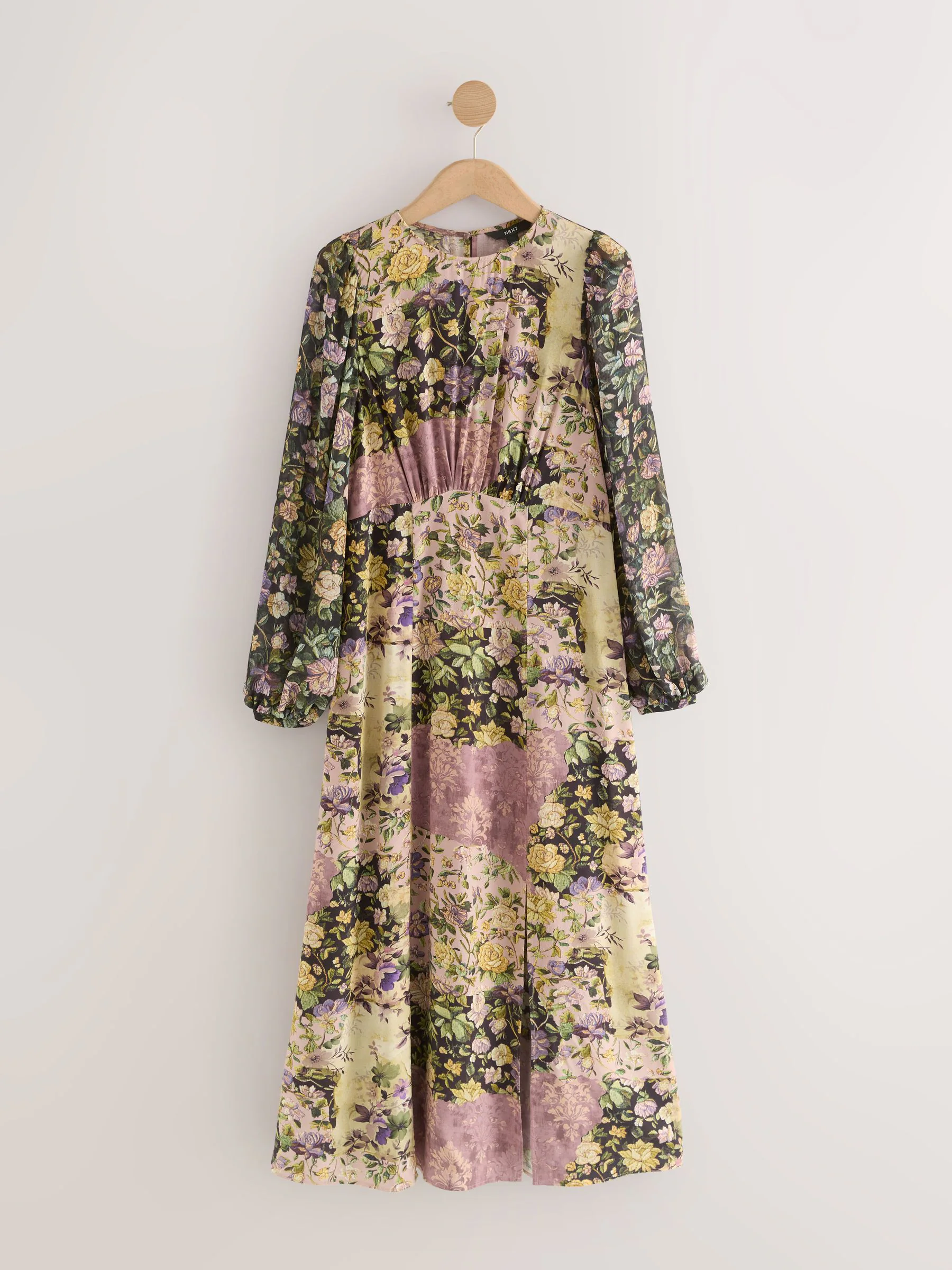 Zwart & Roze Bloemen Patchwork Print - Midi-jurk met lange mouwen
