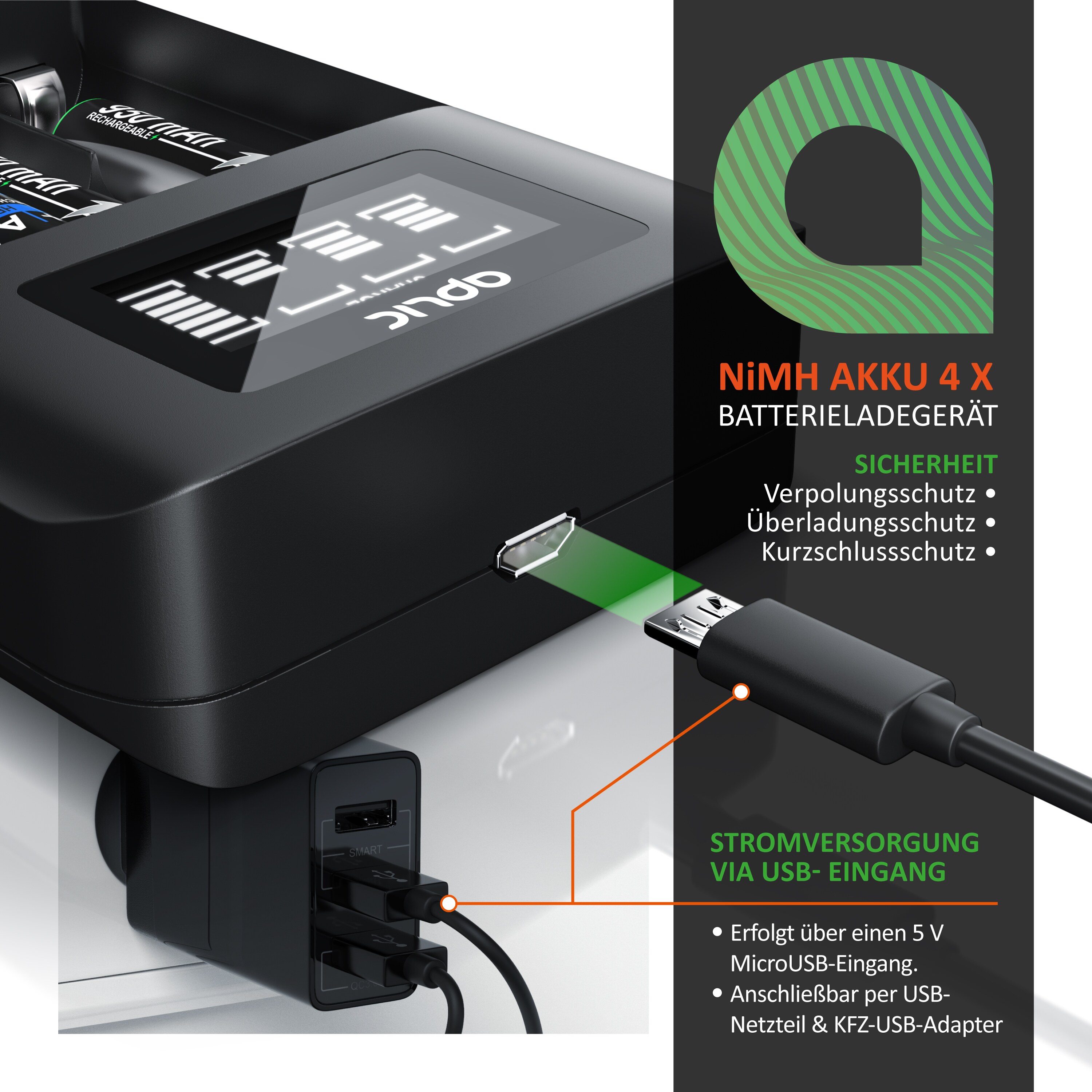 Aplic Batterie-Ladegerät 1800 mA, 4-Schacht USB Ni-MH Akku-Lader, Individuelle Ladeschachtüberwachung
