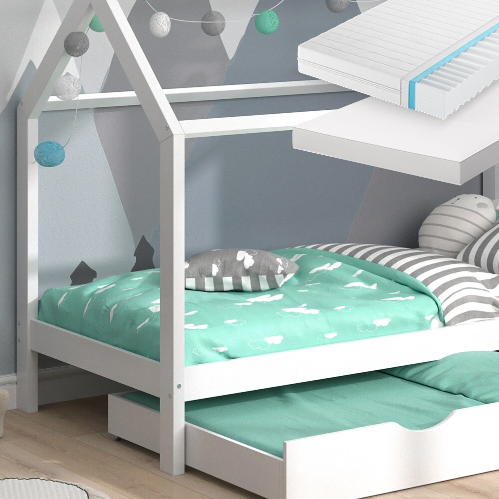 VitaliSpa Kinderbett Hausbett Gästebett Wiki Weiß 90x200cm Schublade Matratzen