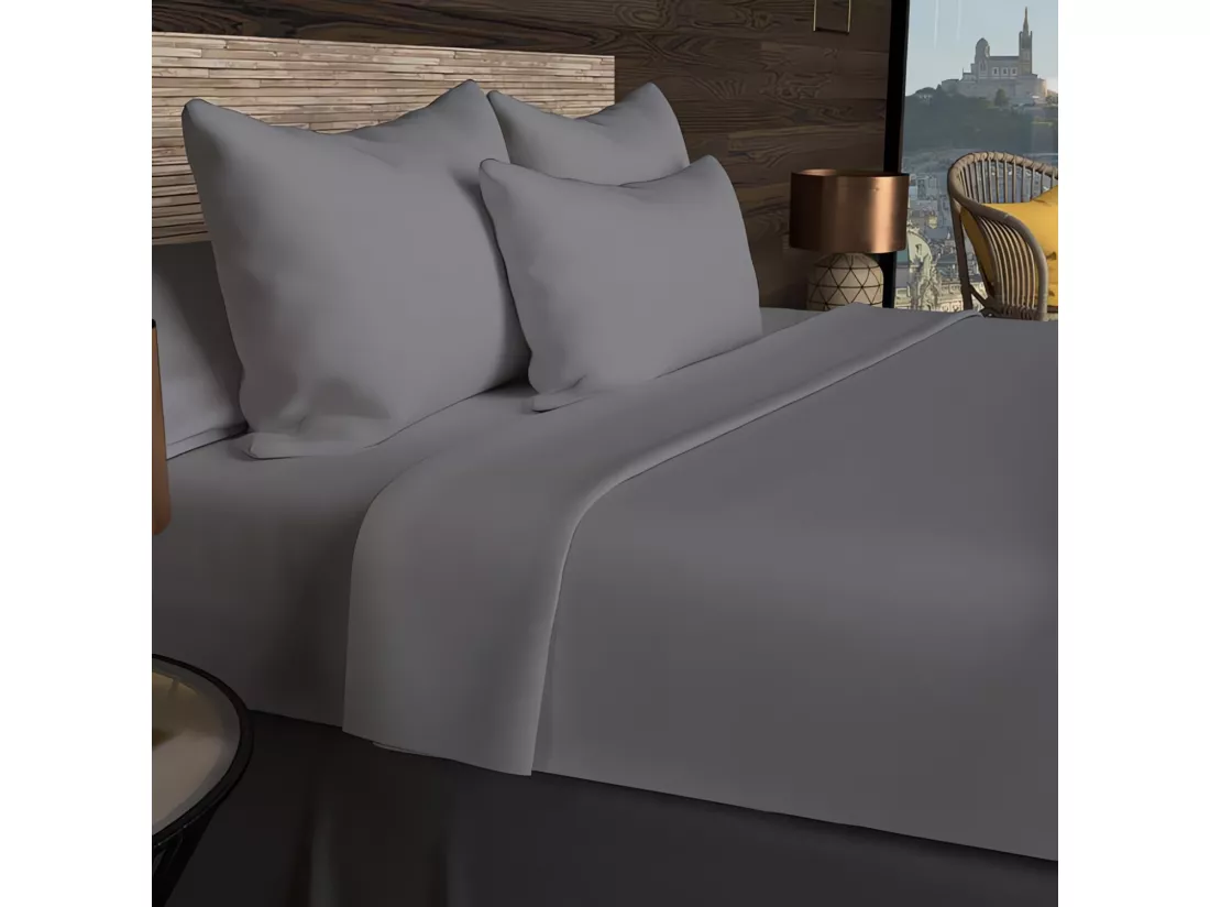 Drap housse en coton 57 fils 160x200 cm UNI gris, par Soleil d'ocre