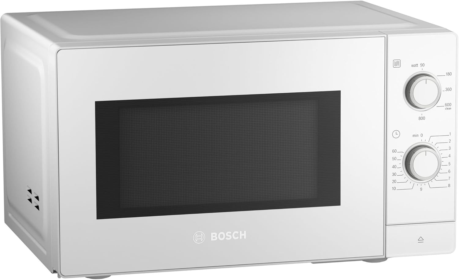 Bosch FFL020MW0 Serie 2 freistehende Mikrowelle, 26 x 44 cm, 800 W, Drehteller 27 cm, Türanschlag Links, AutoPilot 7 mit 7 Automatikprogramme, Reinigungsunterstützung, LED-Touchdisplay, Weiß