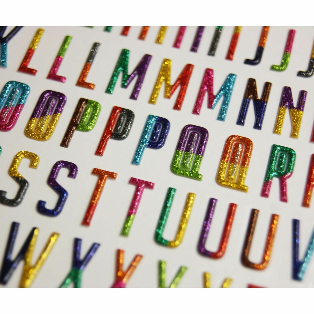 104 autocollants réutilisables - relief 3d - alphabet - multicolore - paillettes