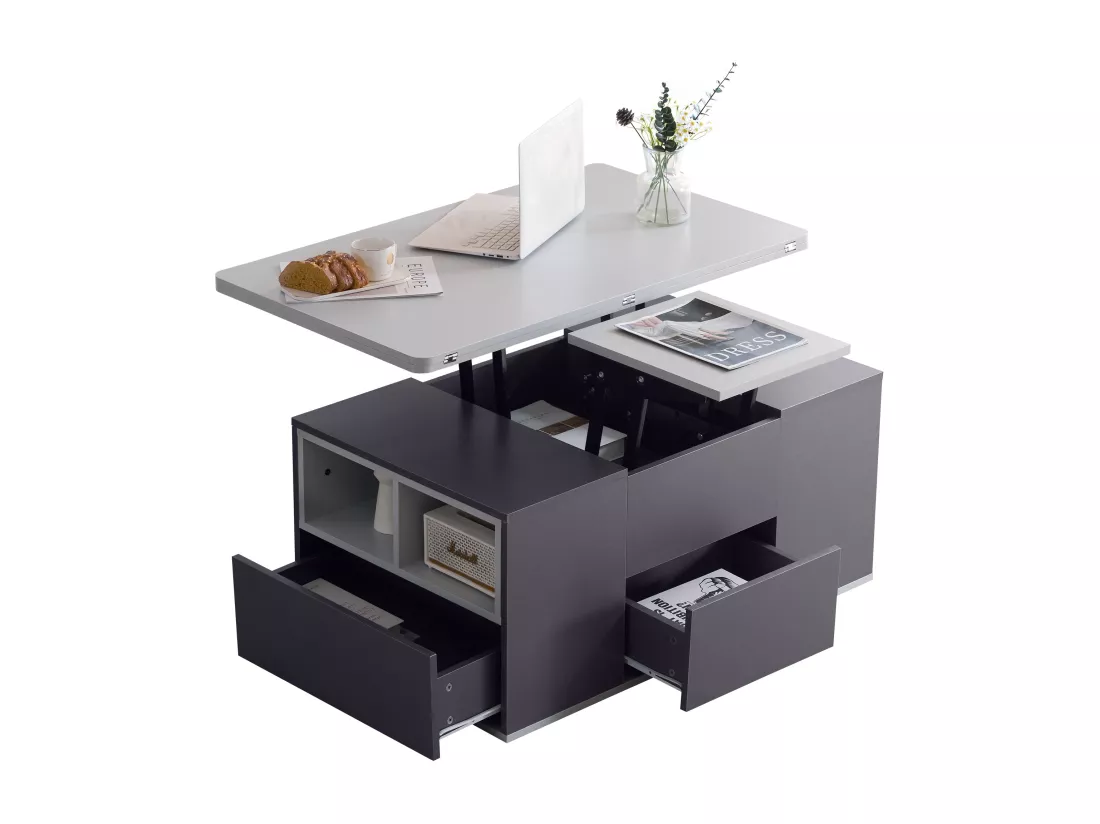 Table basse - plateau relevable - 2 niches & 3 tiroirs - bois panneaux de particules - gris