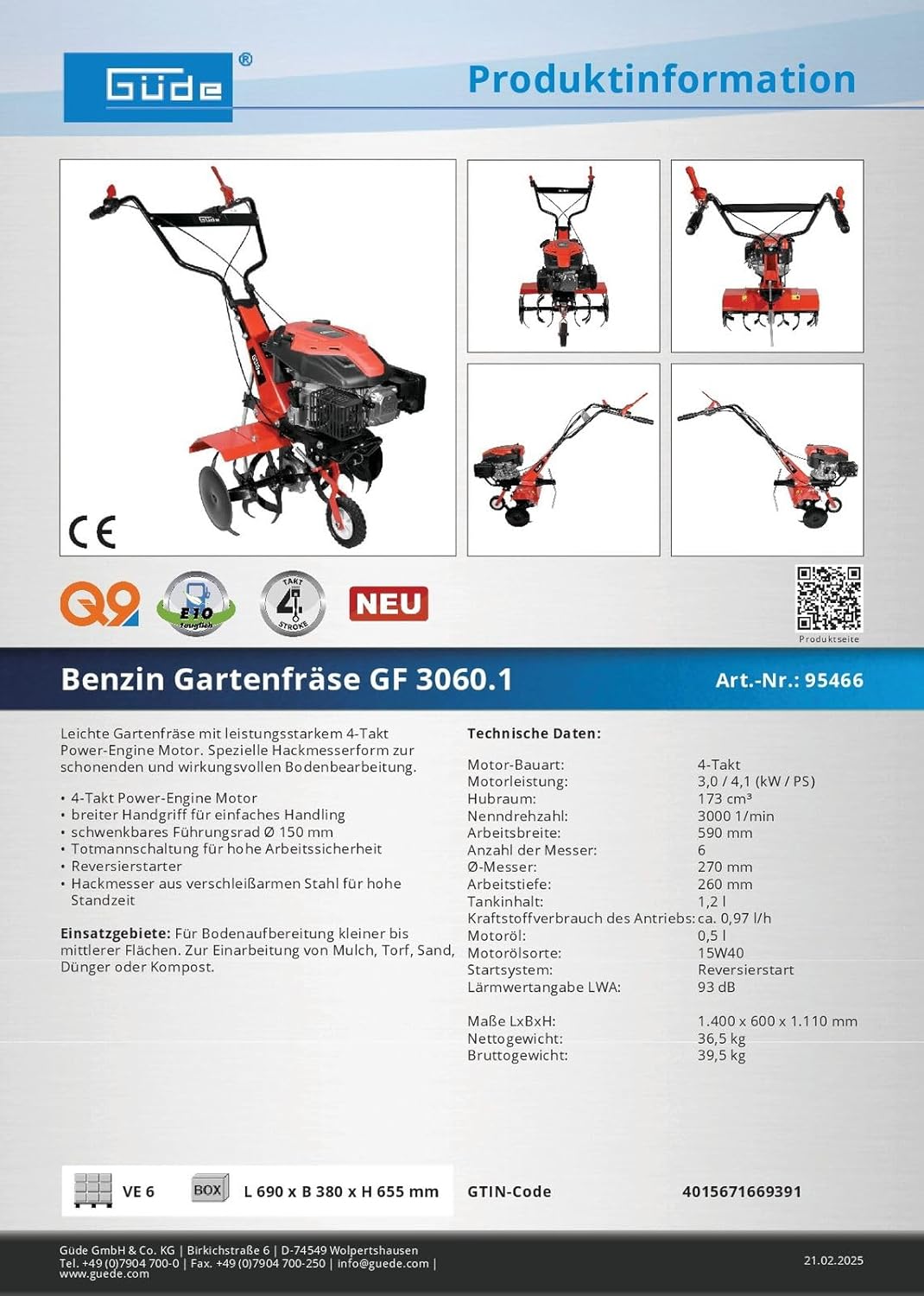 Güde Benzin Acker Motorhacke, Gartenfräse GF 3060.1, 4,1 PS, 59 cm Arbeitsbreite