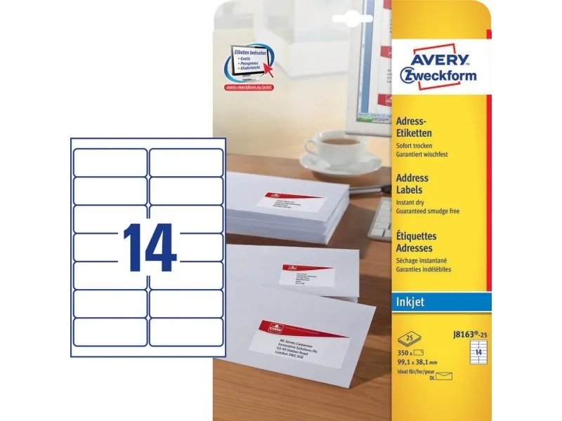 Etiketter Avery 99.1x38.1 mm hvid med QuickDRY™ - (25 ark x 14 stk.)