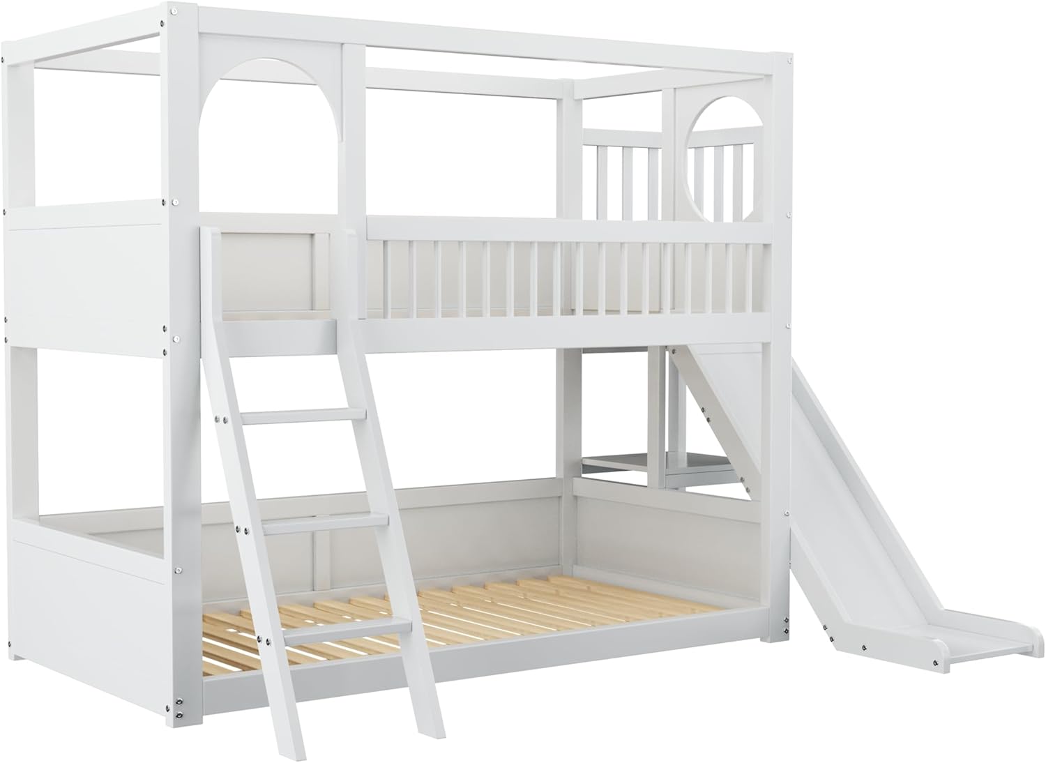 Merax Etagenbett 90x200cm mit Rutsche, Kinderbett mit Regal & Sicherheitsleiter, Hochbett mit Stauraum, für Jungen, Mädchen, Weiß (Ohne Matratze)