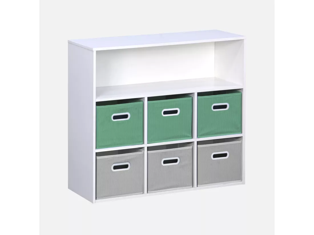 Meuble de rangement pour enfant avec 7 compartiments et 3 paniers verts et 3 paniers gris velours