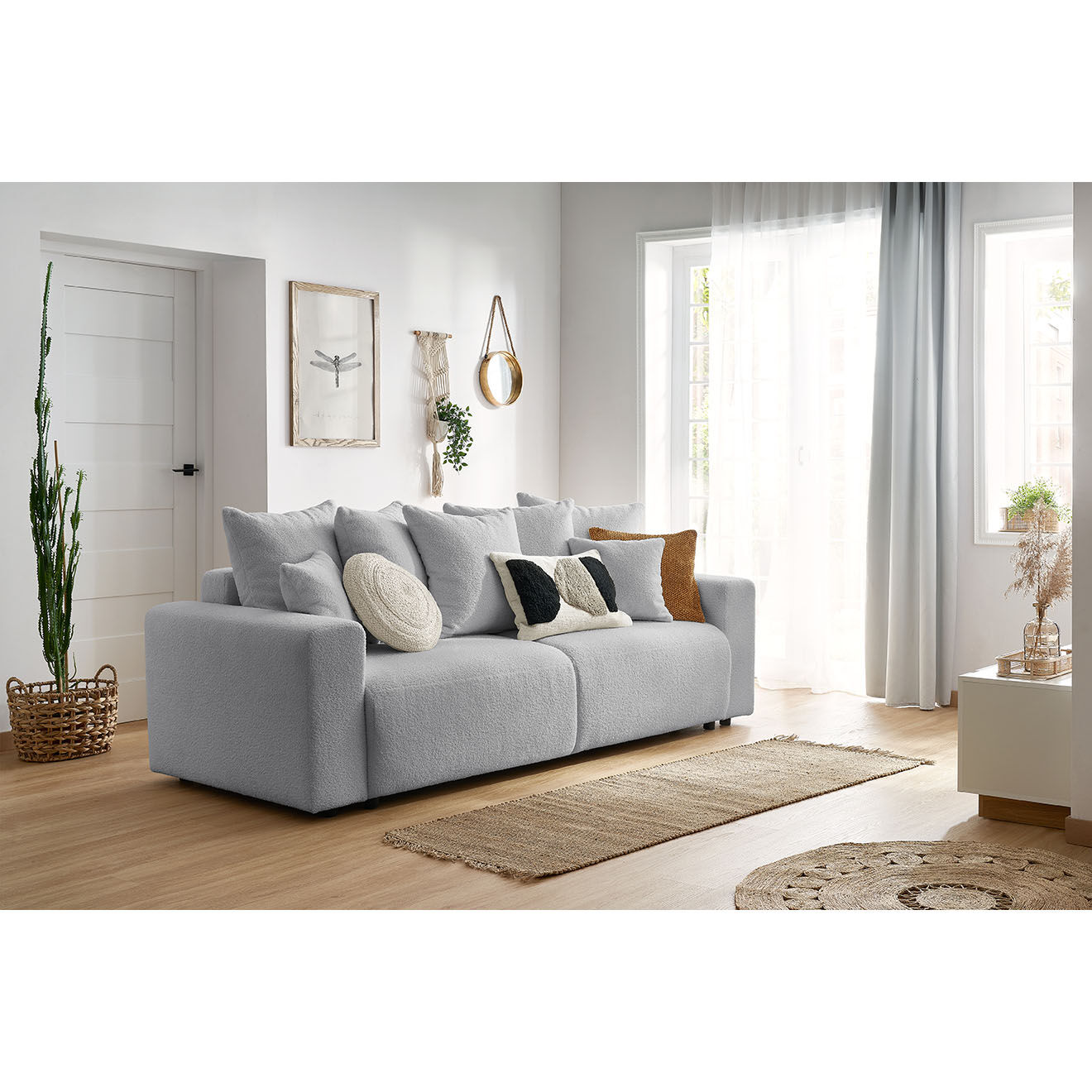 Bobochic Canapé 3 places convertible velours bouclette Envy gris clair - 245x102x88 cm