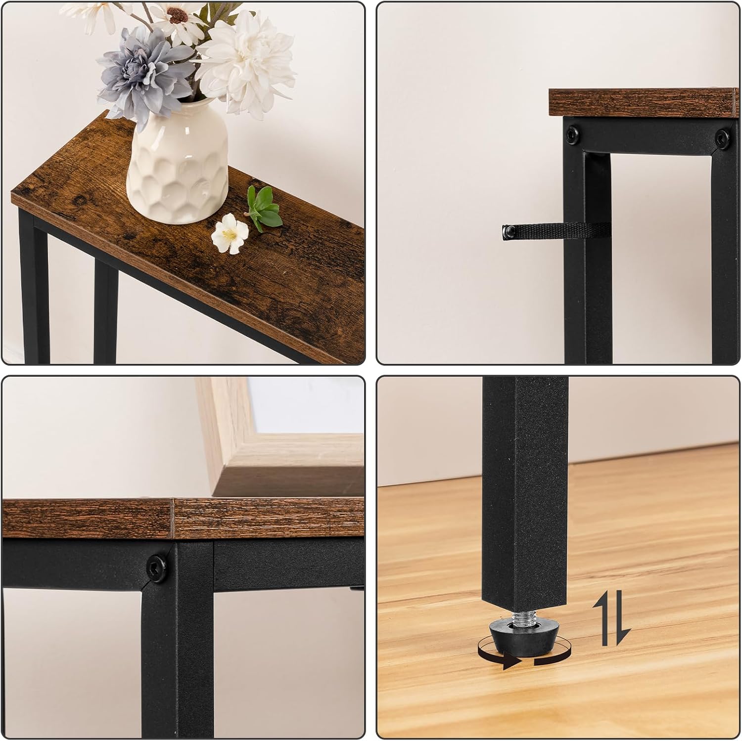 HOOBRO Schmaler Konsolentisch mit Steckdosenleiste, Konsolentisch mit Ladestation, schmaler Sofatisch, Konsole hinter dem Sofa, für Eingangsbereich, Flur, Rustikales Braun und Schwarz EBF205CXG01