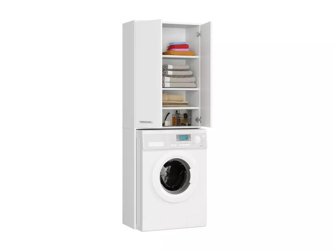 Meuble pour machine à laver FIN Blanche 64 cm 2 portes façade Blanche 4 étagères 64x30x180 cm