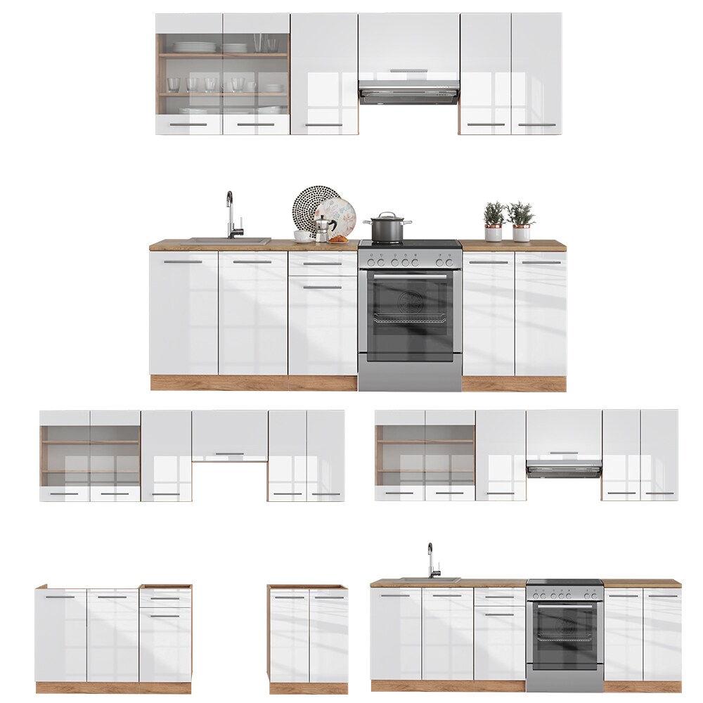 Vicco Küchenzeile Küchenblock Einbauküche Fame-Line Eiche Weiß 240 cm modern Küchen Schränke Spülenunterschrank Schubunterschrank Hängeschrank Hängeglasschrank Hochglanz