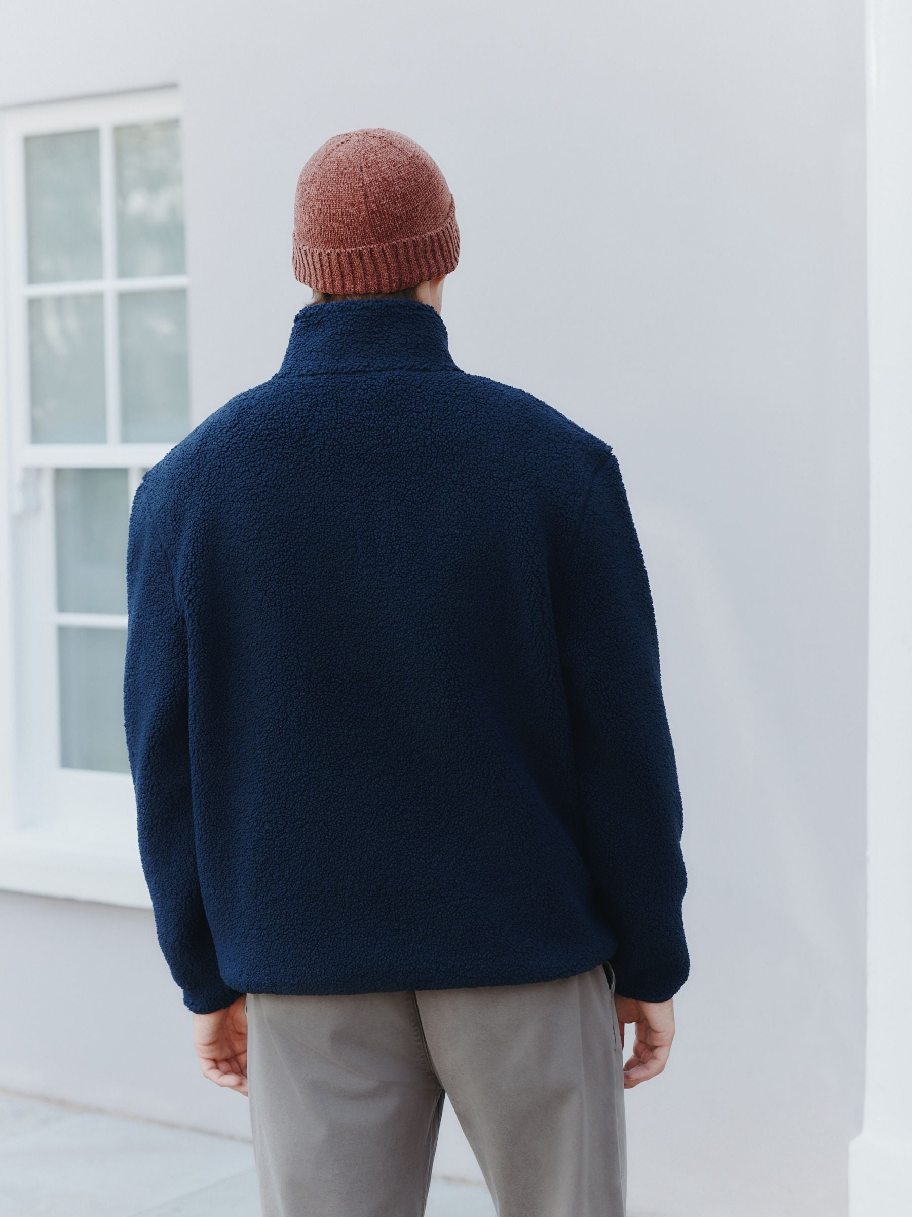 Donkerblauw - Borg fleece met opstaande kraag en korte rits
