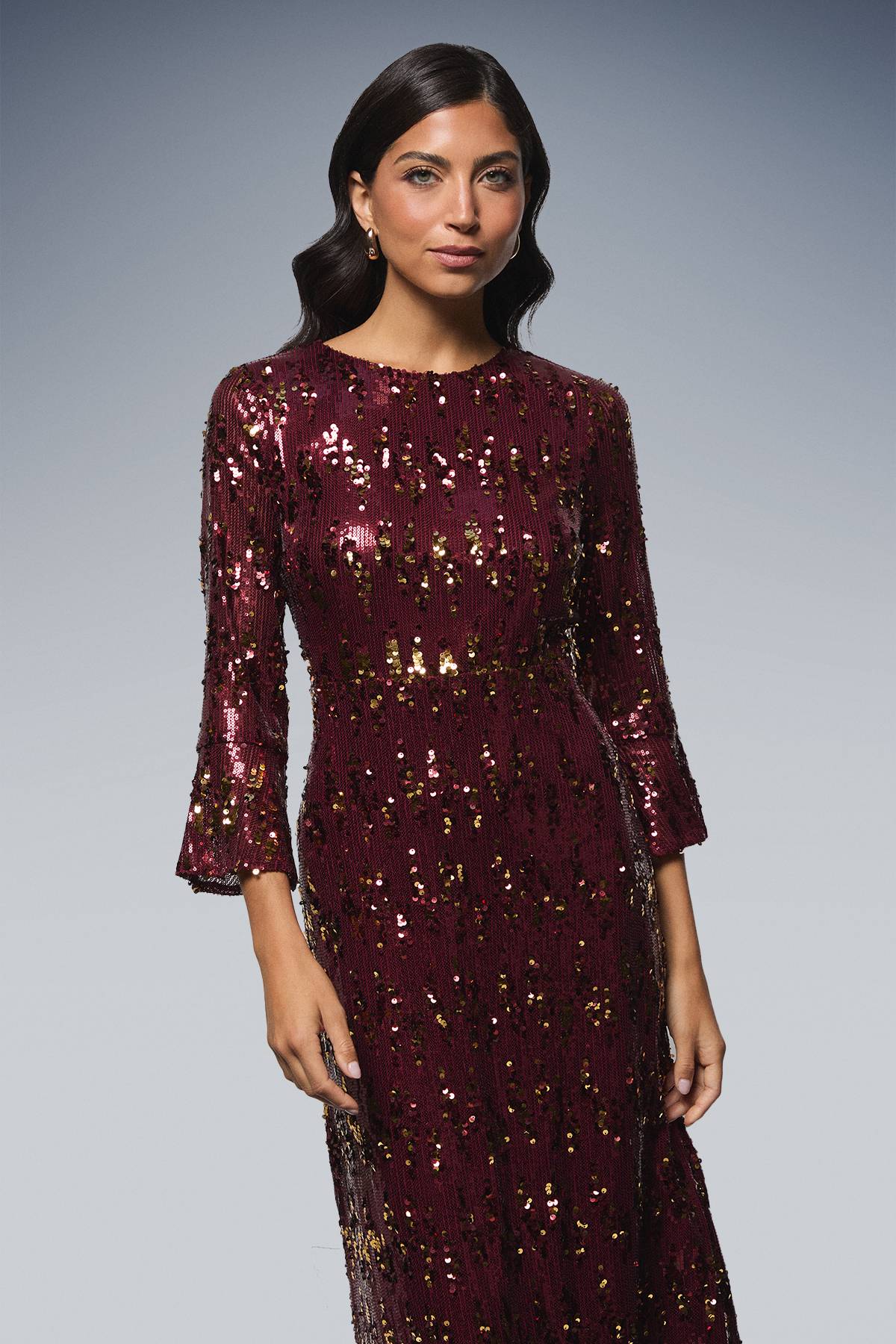 Wallis Robe Midi à Manches Évasées et Sequins