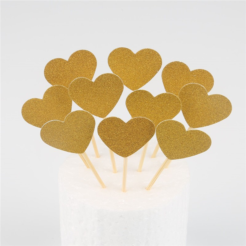 (10-tlg. Set) Kuchenstecker Mini Herzen Tortenstecker Topper Dekoration für Torten / Kuchen - Gold (Glitzer)