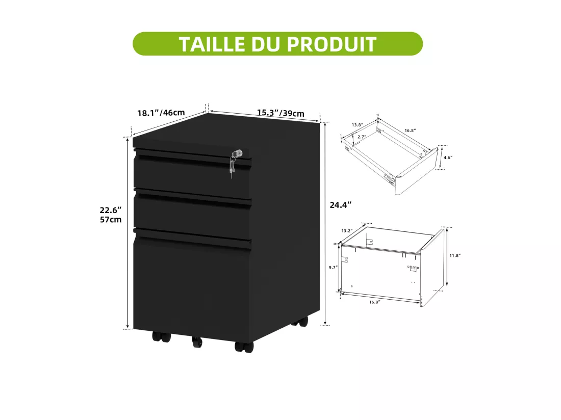 Caisson de Bureau - 3 Tiroirs Métal Caisson de Rangement - Meuble de Bureau avec roulettes pour Dossiers Suspendus - Noir - 46 x 39 x 62cm