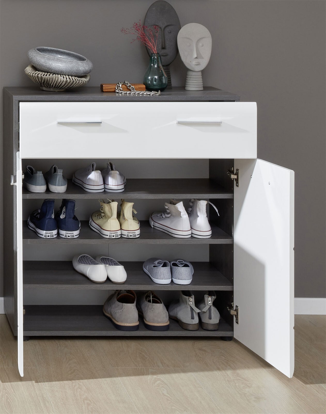 Schuhkommode Line, Sardegna Rauchsilber-Weiß Hochglanz