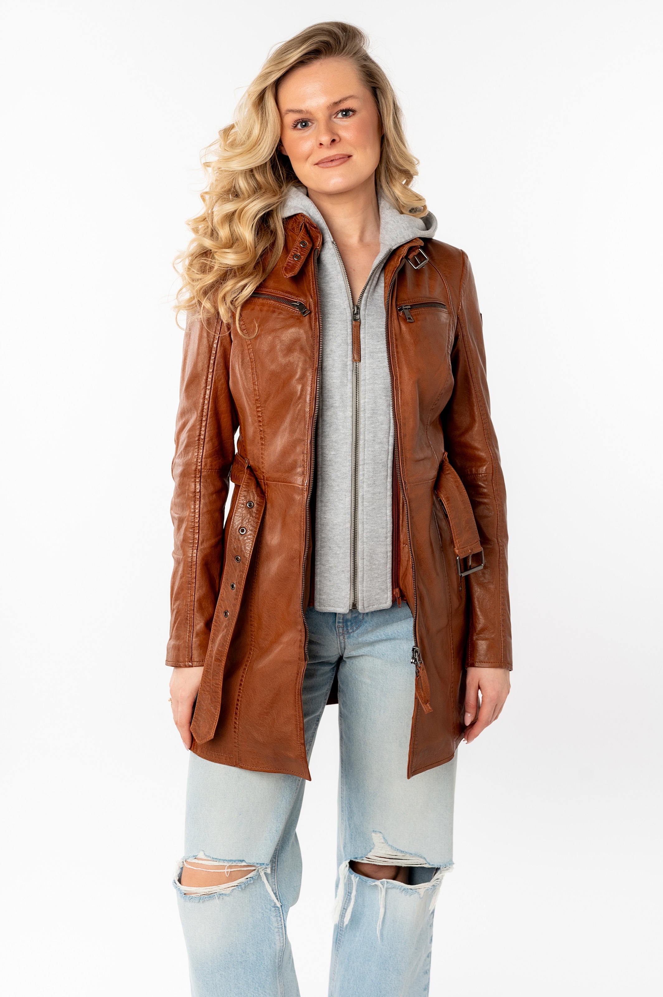 Mauritius Lederjacke »Bente OT 2« mit Kapuze (mit Gürtel) lange Lederjacke mit Gürtel & abnehmbarem Kapuzen-Inlay