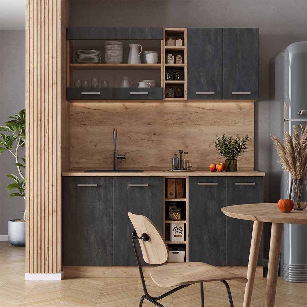 Vicco Singleküche R-Line 160 cm Schwarz Beton Eiche mit Arbeitsplatte Weiß-Marmor
