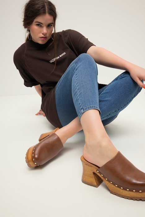 Leder-Clogs, echtes Leder, goldene Nieten, Plateausohle, Weite H