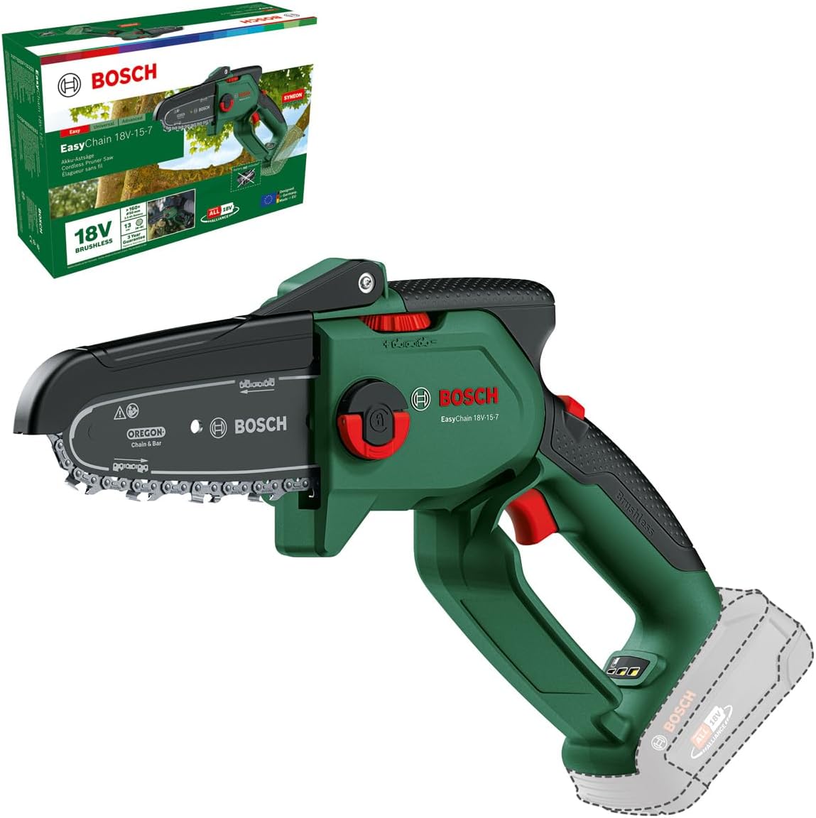 Bosch kompakte Mini Kettensäge EasyChain 18V-15-7 (Zum Schneiden von Holz; 18 Volt System; Kettengeschwindigkeit: 6,95 m/s; ohne Akku)