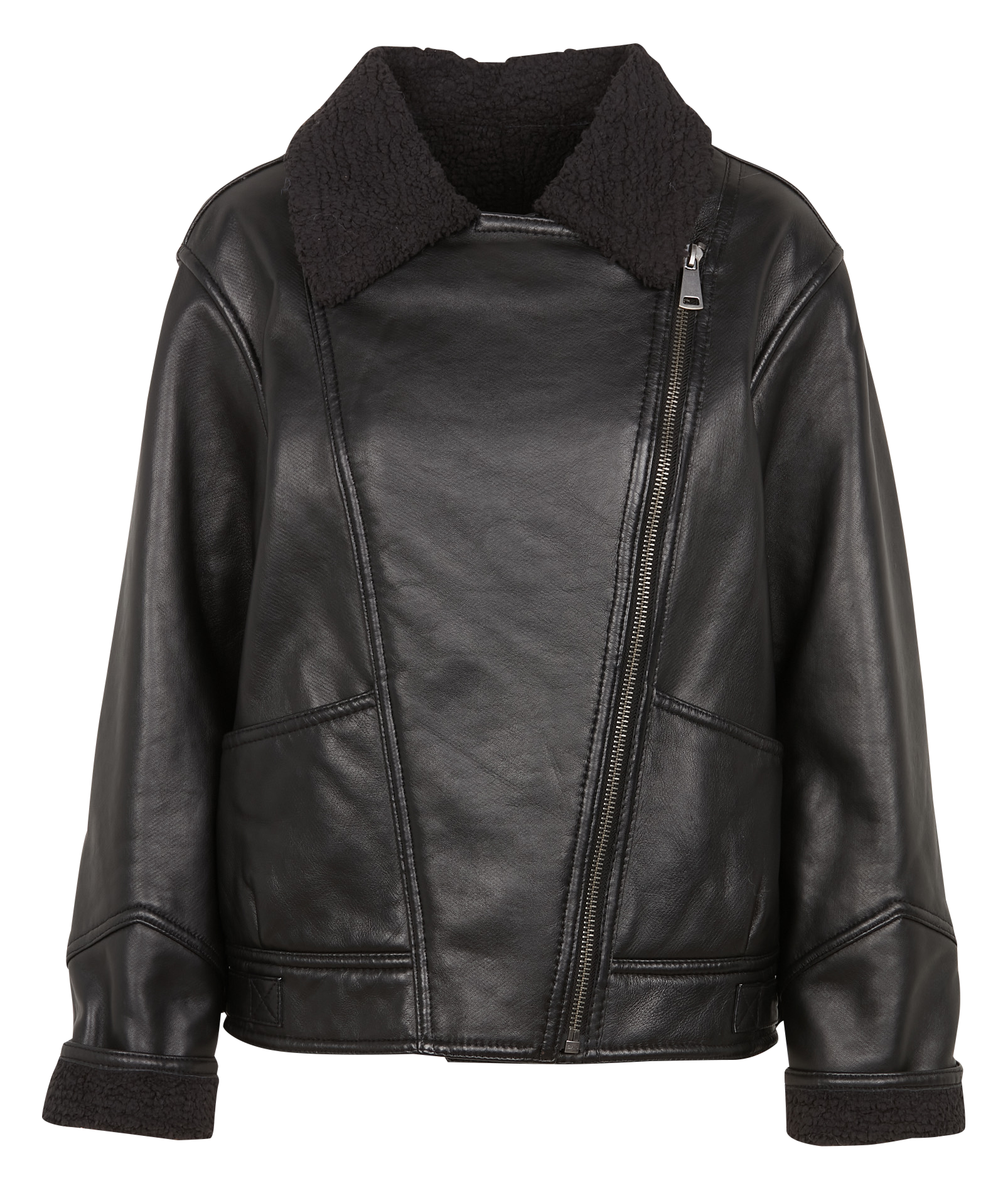 FOLIO - Manteau droit col classique en cuir | Noir