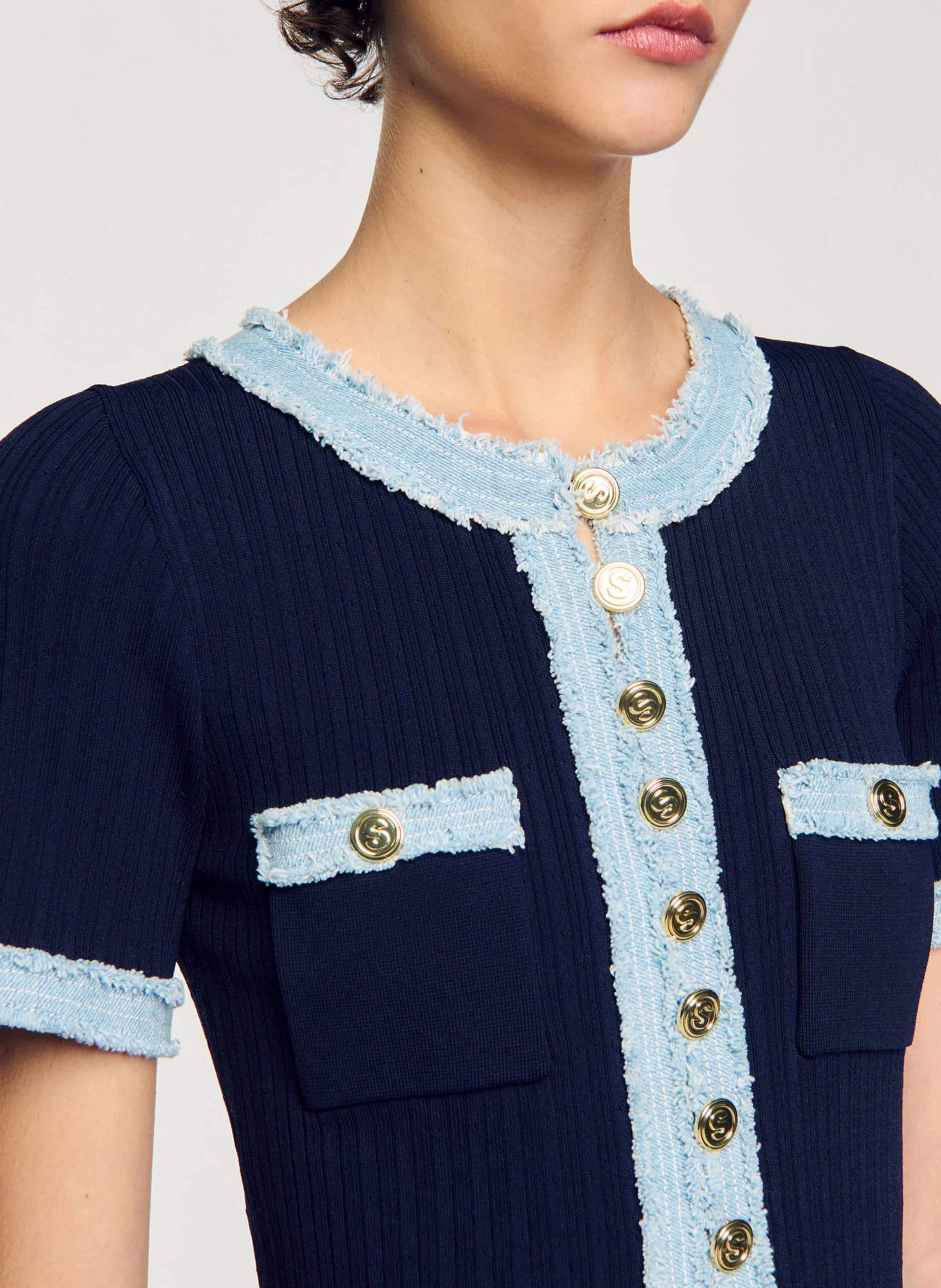 Robe midi col rond en maille et denim | Bleu