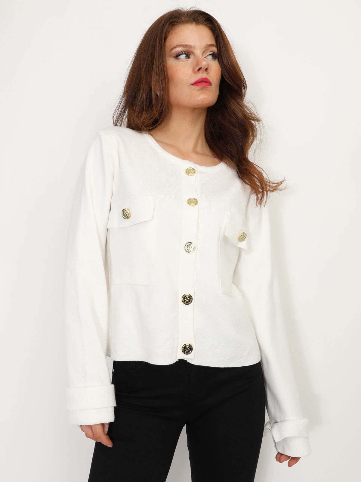 Cardigan avec poches à rabat et boutons dorés- Blanc