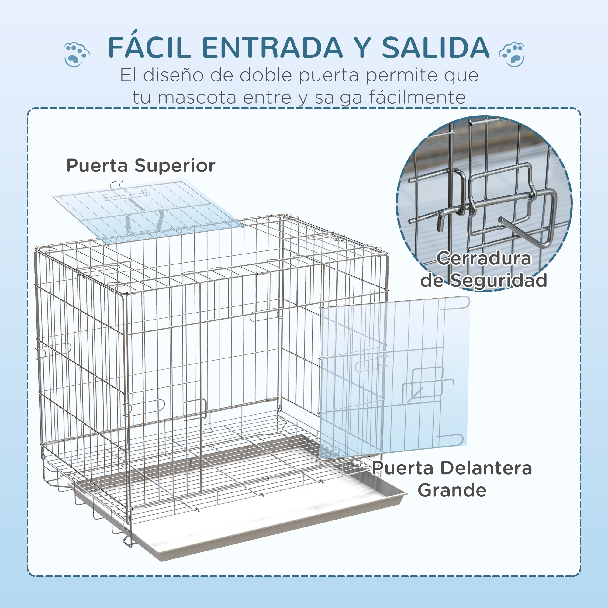 Gaiola dobrável para cães PawHut, canil de metal 61x43x50 cm, com bandeja removível e 2 portas com trava, branca.