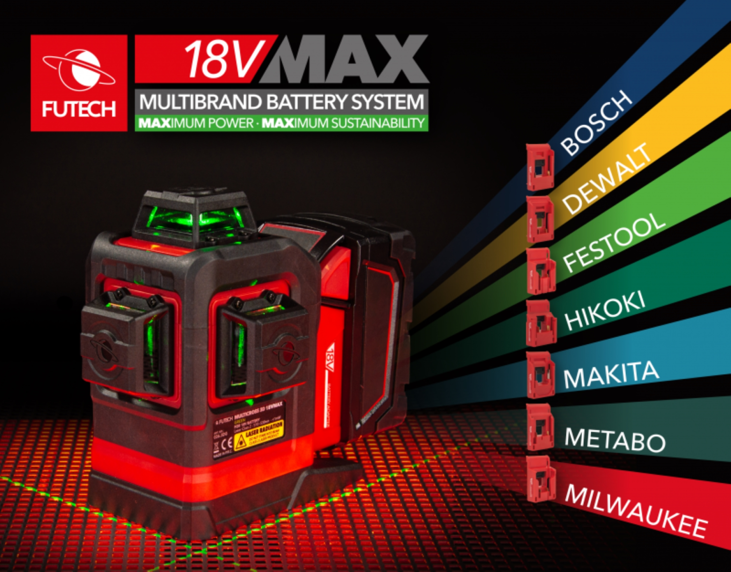 FUTECH Multicross 3D 18VMAX kruislijnlaser - groen - 70m - 3 lijnen