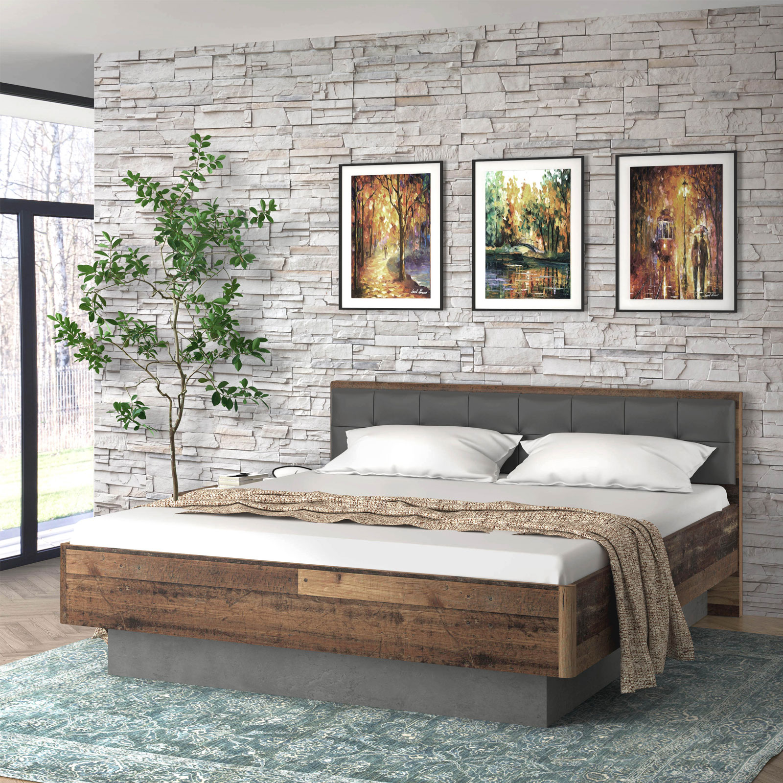 Bettgestell - Old Wood Vintage-Betonoptik - Polsterkopfteil - 180x200 cm