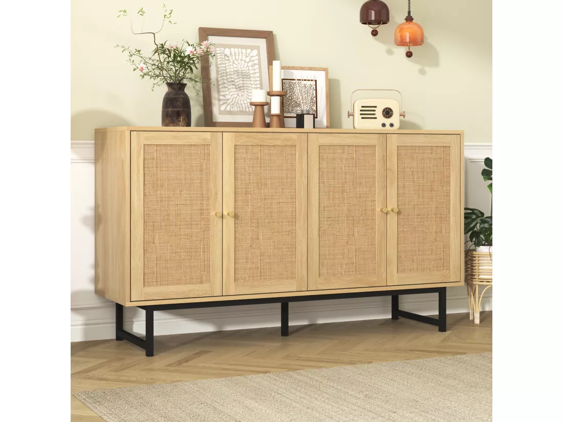 Buffet avec 4 portes en rotin - 140 x 39,5 x 80 cm - Panneau de particules - Coloris bois