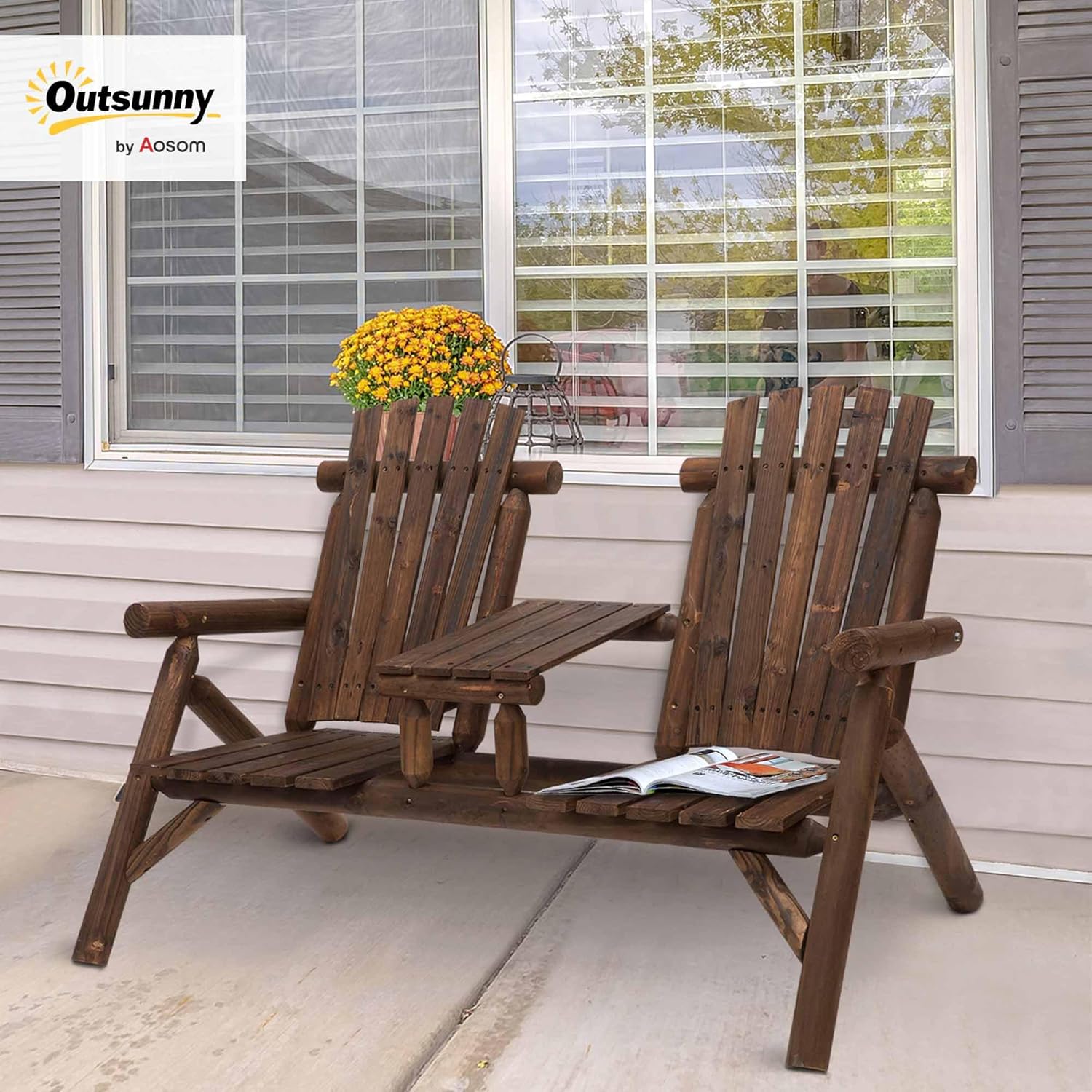 Outsunny Gartenbank mit Tisch, Gartenmöbel, Sitzbank, 2 Stühle, Massivholz, Braun, 157 x 88 x 103 cm
