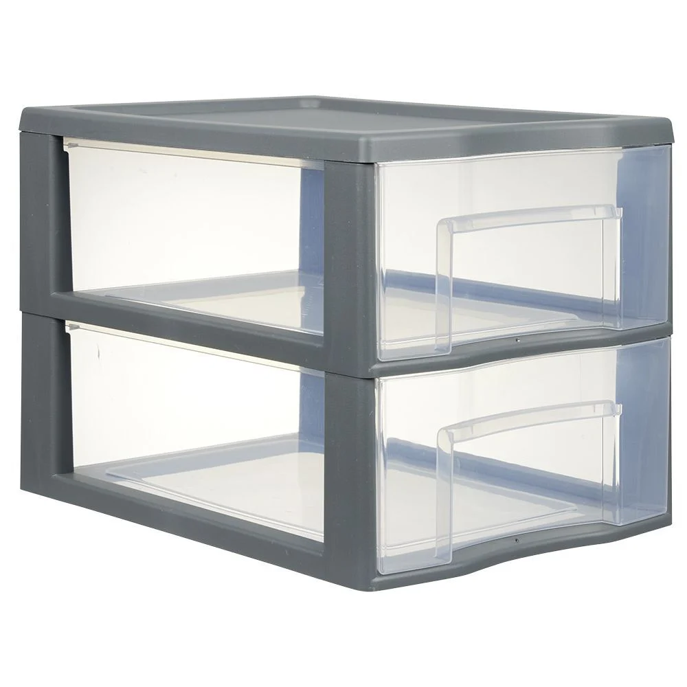 Tour de rangement A4 2 tiroirs grise et transparente 14 L
