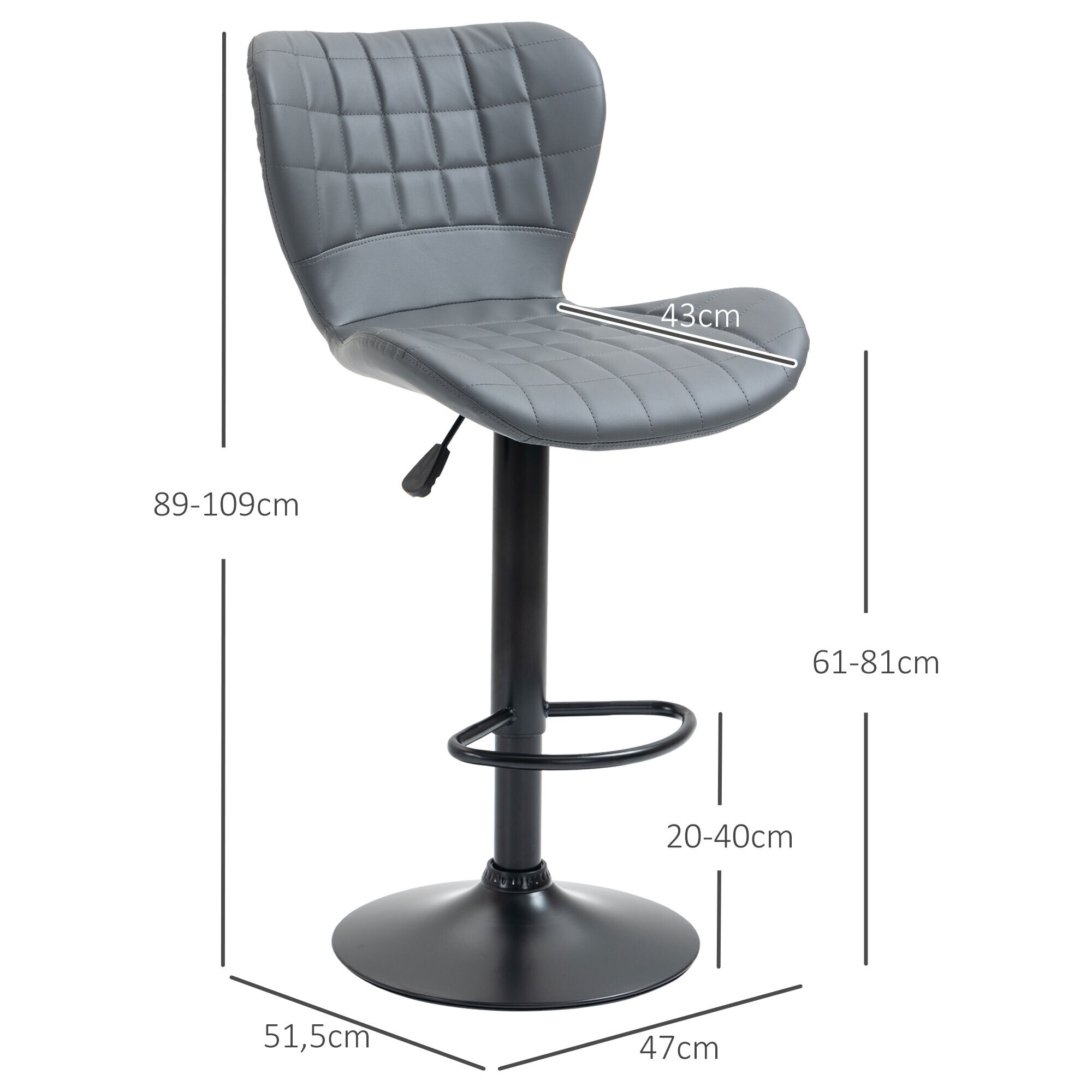 HOMCOM Barstuhl mit Fußhalbring grau 47L x 51,5B x 89-109H cm