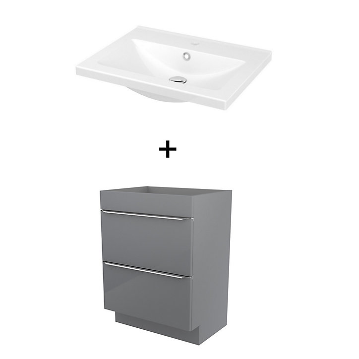Meuble sous vasque à poser GoodHome Imandra gris 60 cm + plan vasque Nira