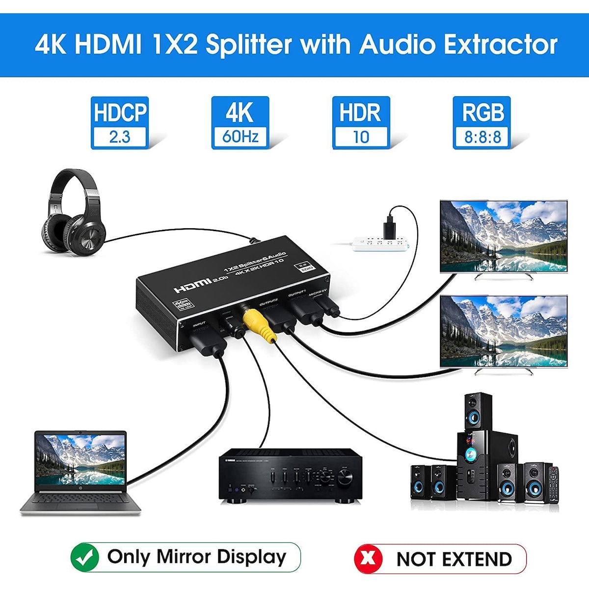 NÖRDIC HDMI splitter 1 til 2 med Audio Extractor 4K60Hz HDCP2.3 HDR10 Toslink SPDIF + Koaksial + 3,5 mm lyd