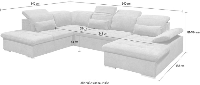 ED EXCITING DESIGN Wohnlandschaft »Wayne U-Form mit Bettfunktion, Bettkasten« Arm- und Kopfteilverstellung & 3 Nierenkissen