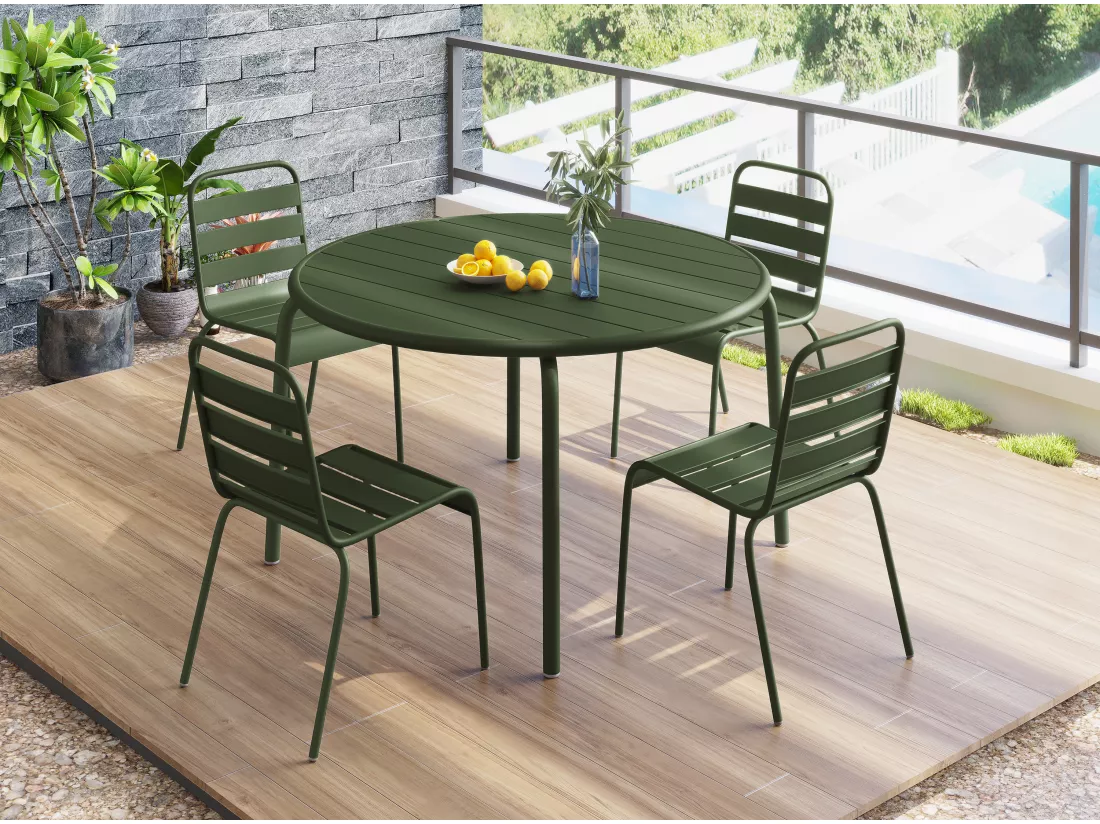Salle à manger de jardin en métal - une table D.110 cm et 4 chaises empilables - Kaki - MIRMANDE de MYLIA